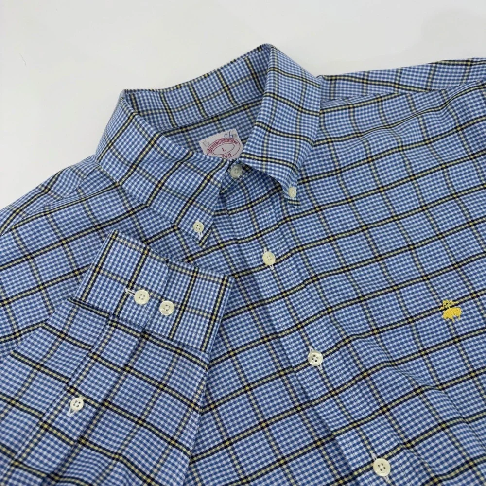 Brooks Brothers 346 Mens Large Blue Yellow Plaid Supima Cotton Non Iron Shirt